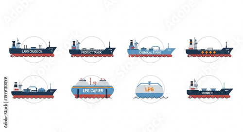 Collection of LNG Carrier Vessels in Flat Design.