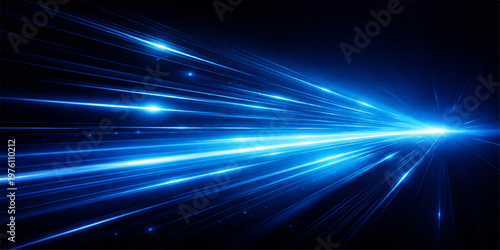 An abstract blue background design featuring a bright glowing laser burst and shiny star patterns creates a motion-filled space illustration with energy flares and a night light flash