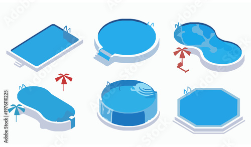 Isometric swimming pool collection vector set with loungers umbrellas and inflatable rings isolated on white