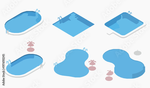 Isometric pool designs vector set summer swimming pools with furniture isolated on white background