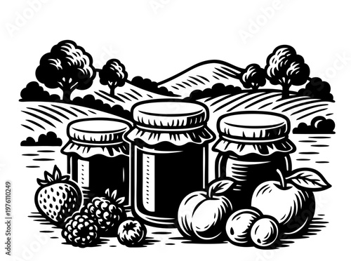 Hand drawn jam jars with fresh berries and fruits. Vintage countryside still life with strawberries, apples and glass jars. Vector black ink outline illustration in engraving style, homemade organic 