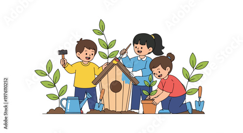 Three children enjoy gardening and building together, with one boy hammering, a girl painting a birdhouse, and another planting a small tree.