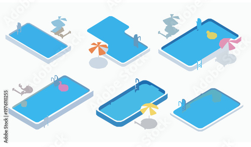 Isometric swimming pool vector set with blue water loungers and umbrellas summer collection isolated on white