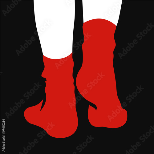 Feet walking on the ground in bright red socks. Abstract hand-painted painting on a black background. Background image, poster, placard, cover, picture for motivational text.
