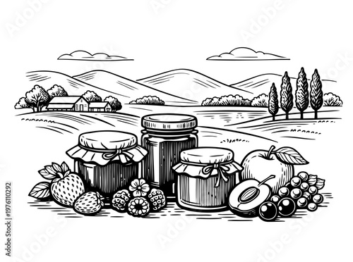 Hand drawn jam jars with assorted fruits in village landscape. Vintage food composition with berries, apples and countryside background. Vector black ink outline illustration in engraving style