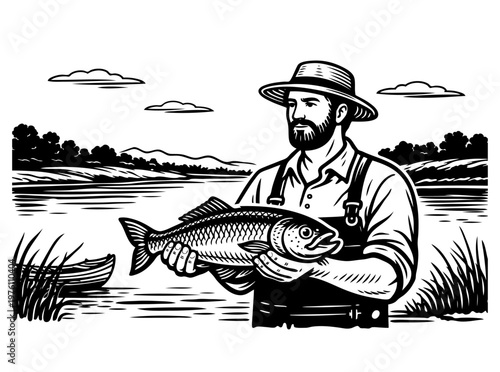 Hand drawn fisherman holding large fish by the river. Vintage fishing scene with water landscape and reeds. Vector black ink outline illustration in engraving style, fresh catch concept