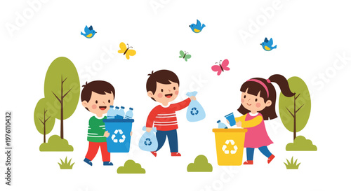 Three happy children are working together to recycle plastic bottles and clean up their local park on a sunny day with birds and butterflies.