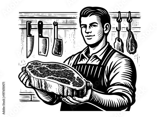 Hand drawn butcher holding raw meat cut in shop interior. Vintage food preparation scene with knives and tools on wall. Vector black ink outline illustration in engraving style, artisanal meat concept