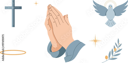 Hands held in prayer are surrounded by a cross, a dove, and an olive branch in this spiritual graphic composition.