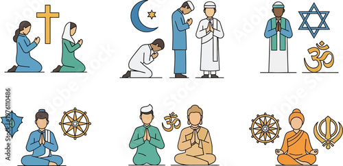 Religious practitioners demonstrate various forms of prayer and meditation surrounded by traditional sacred symbols and icons.