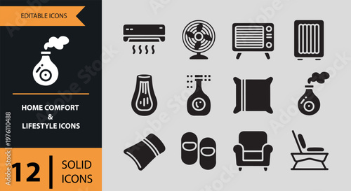 12 Home Comfort and Lifestyle Solid Icons solid icon set. home comfort lifestyle furniture appliances solid icons