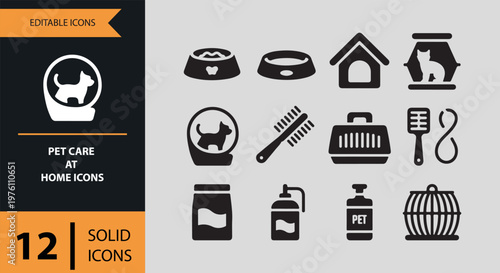 12 Pet Care at Home Solid Icons solid icon set. pet care home supplies animals solid icons