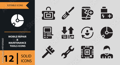 12 Mobile Repair and Maintenance Tools Solid Icons solid icon set. phone repair tools maintenance kit solid icons