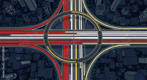 Aerial View of a Highway Interchange with Traffic.