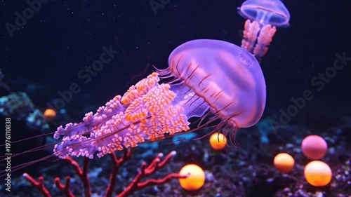Jellyfish floating underwater with ocean life.