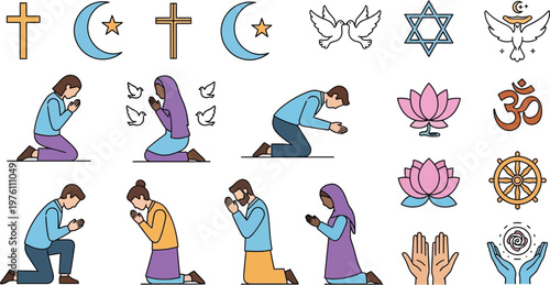People praying alongside diverse religious symbols illustrate various methods of worship across different global cultures and faiths.