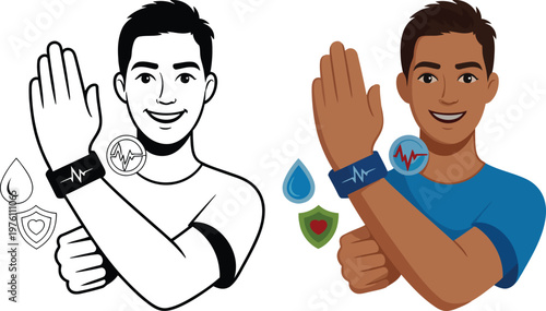 A cartoon illustration of men wearing smart wristbands with different colored graphics and icons around them.