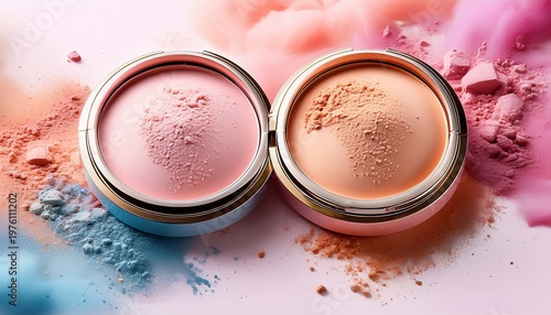 two open makeup compacts with pastel colored powders surrounded by soft watercolor splashes showcasing a stylish and artistic beauty theme
