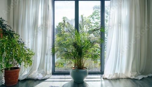 real photo of houseplants in a glass room with white curtains