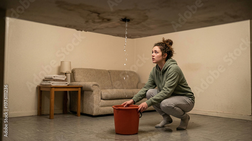 Worried young woman placing a plastic bucket under a water leak dripping from the ceiling in a living room, apartment water damage emergency and home insurance concept