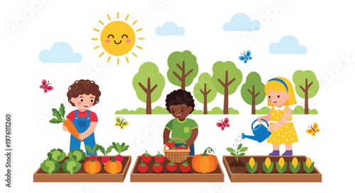 Three young children are happily gardening in raised beds, harvesting vegetables and watering plants under a bright, smiling sun in a park.