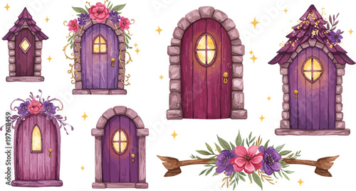 Whimsical fairy tale doors and windows with floral wreaths and decorations in purple hues