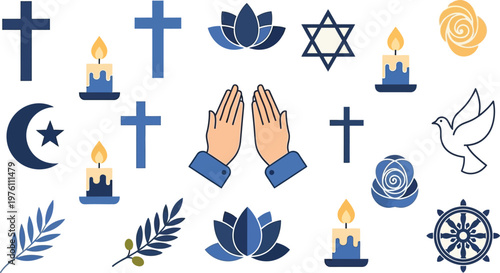 Blue religious icons display praying hands, crosses, a Star of David, a crescent moon, and lotus flowers.
