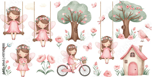 Whimsical illustration of girls playing outside in a garden with trees and flowers in soft pastel colors