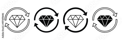 Customer lifetime value icon, black and white diamond symbol with circular arrows, vector design illustration for business metrics, marketing strategy, and analytics dashboards.