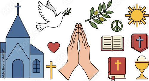 Church building stands next to praying hands, a dove with an olive branch, a heart, and a chalice icon.
