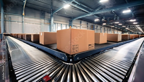 cardboard return box on a conveyor belt in a modern warehouse for efficient logistics