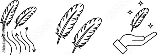Lightweight icon collection, feather resting on hand palm, concept of light weight, soft touch texture, line art vector illustration design eps