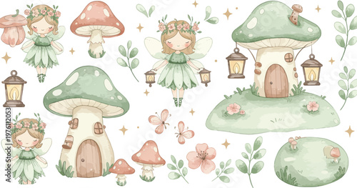 Whimsical illustration of fairy houses and mushrooms in a mystical forest setting with soft colors and dreamy atmosphere