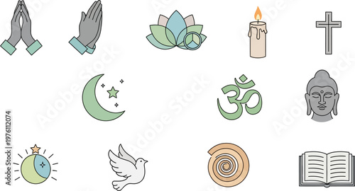 Religious icons representing global faiths include praying hands, a lotus flower, a cross, and a crescent moon.