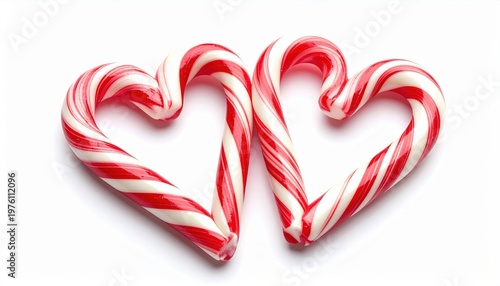 Two Red and White Striped Candy Canes Formed into Heart Shapes Isolated on a White Background