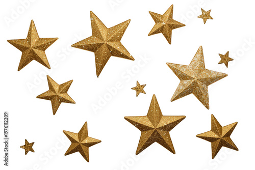 Gold glitter stars falling, adding sparkling elegance to festive holiday decorations and celebrations, transparent background