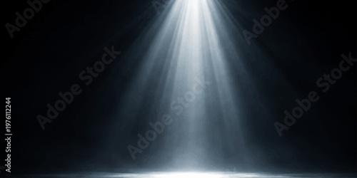 A bright blue spotlight flash cuts through the dark theater fog, casting a textured ray of light onto brushed steel and metal backgrounds like a star beam in the rain