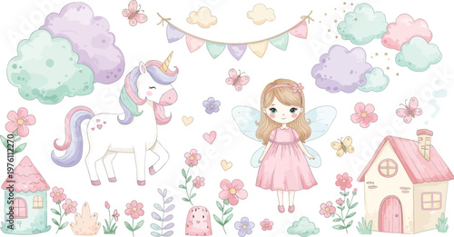 Whimsical illustration of a little girl with a unicorn and magical castle in a fantastical garden scene