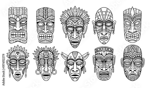 Ethnic tribal masks vector set Tiki voodoo Zulu Polynesian ceremonial idol illustration