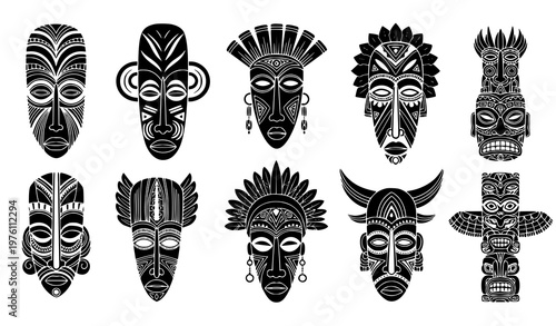 Black tribal mask vector collection Polynesian African Zulu Tiki ceremonial heads