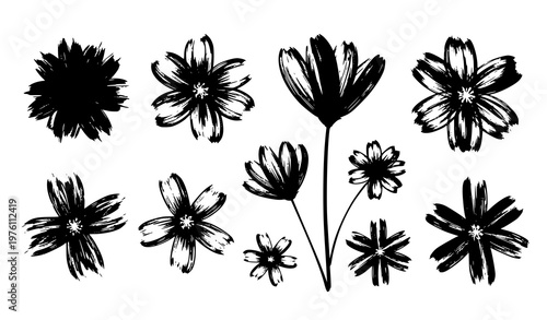 Hand drawn brush flowers vector set abstract ink grunge naive floral silhouettes