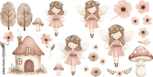 Whimsical illustration of girls flowers mushrooms and a fairy tale house in a soft watercolor style fantasy setting