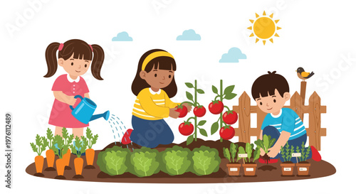 Three happy children are working together in a vegetable garden, watering carrots, picking ripe tomatoes, and planting seedlings on a sunny day.