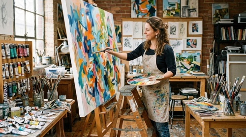 Female artist passionately creating a vibrant abstract painting on a large canvas in her authentic and inspiring art studio, surrounded by brushes and colorful paints.