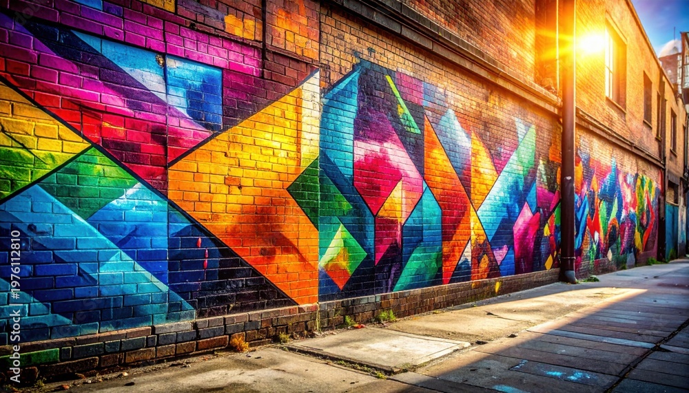 Naklejka premium Vibrant Geometric Graffiti Mural Adorns Textured Brick Wall in Urban Alleyway