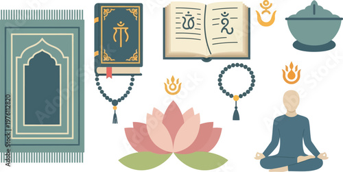 Spiritual objects include a prayer rug, a holy book with ancient script, prayer beads, a lotus flower, and a meditating figure.