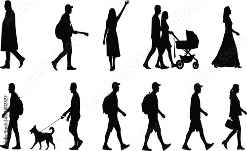 Set of Diverse People Walking Silhouettes, Including Man with Dog, Family with Stroller, Guitarist, and Pedestrians, Isolated on White, Background
