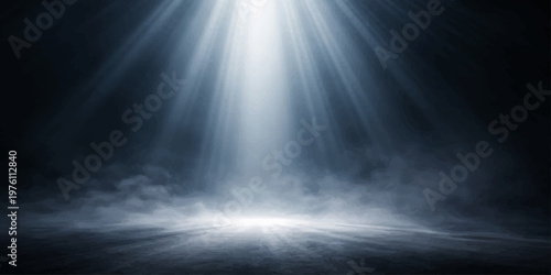 Abstract blue light rays pierce through a dark design of smoke and mist to create a textured sky background