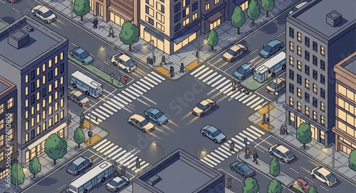 Isometric City Intersection - A Vibrant Urban Scene with Cars and Pedestrians.