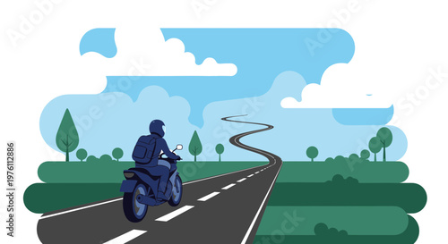 Person riding a motorcycle on a winding road through a landscape.